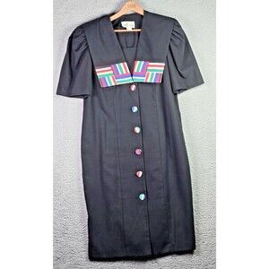 Vintage Nautical Mod Colorblock Dress 18 Statement Buttons Black Retro Plus Size